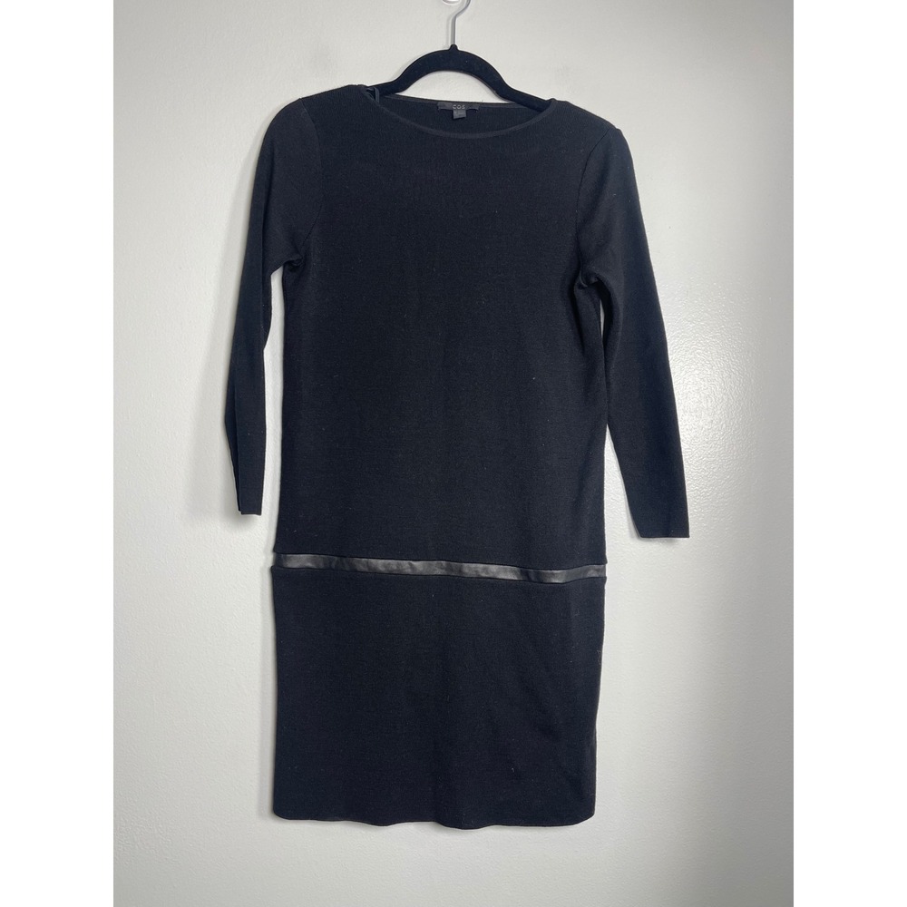 COS Wool Long Sleeve Shift Dress Black XS Leather Trim‎ Detail Quiet Luxury Knit